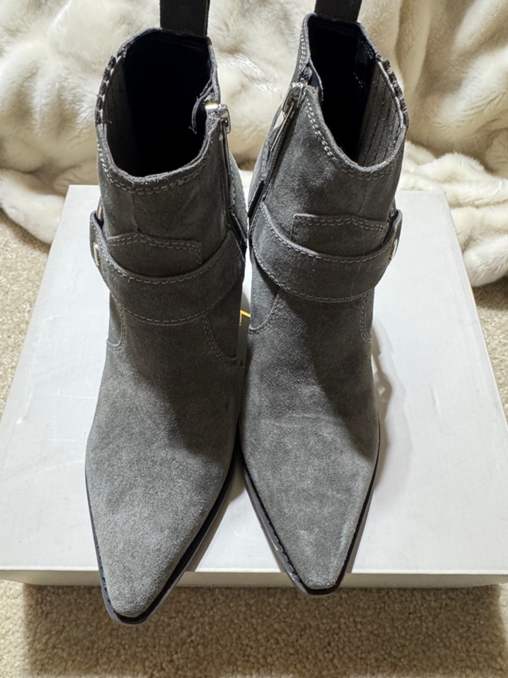 Marc Fisher Gray Suede Western-Inspired Ankle Boots - Picture 3 of 7